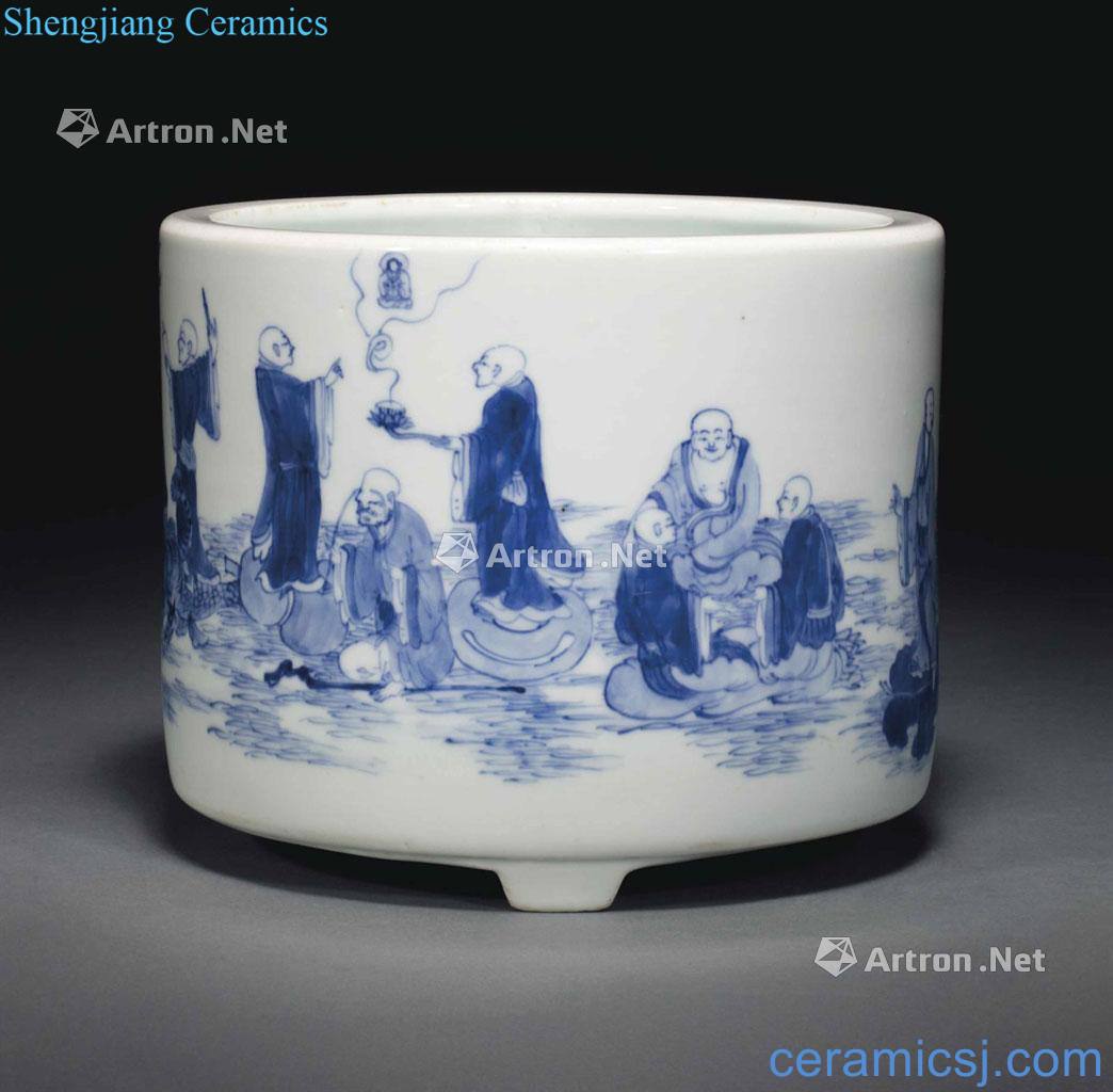 The qing emperor kangxi Blue and white 18 Luo Hantu incense burner with three legs