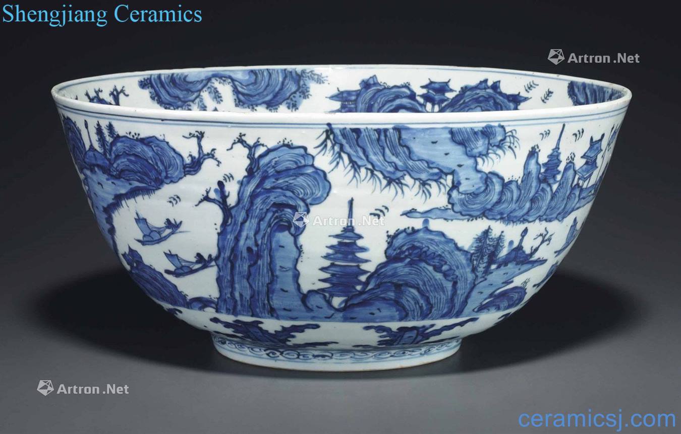 Ming the 16/17 century Blue links, jingshan figure large 盌 castle in the water