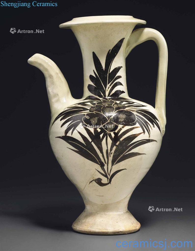 Northern song dynasty/gold magnetic state kiln white ground black flower ewer