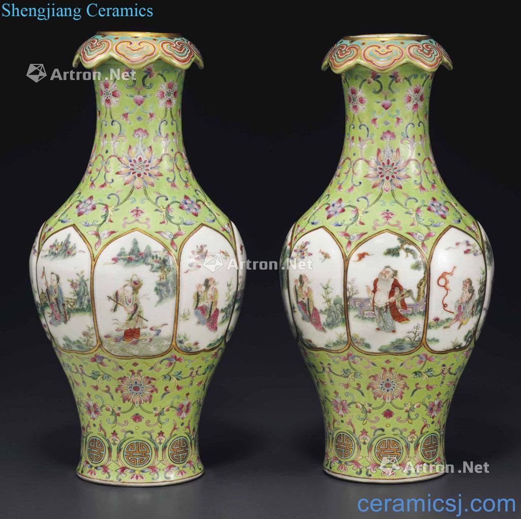 Qing xianfeng green pastel medallion the eight immortals grain cloud mouth bottle