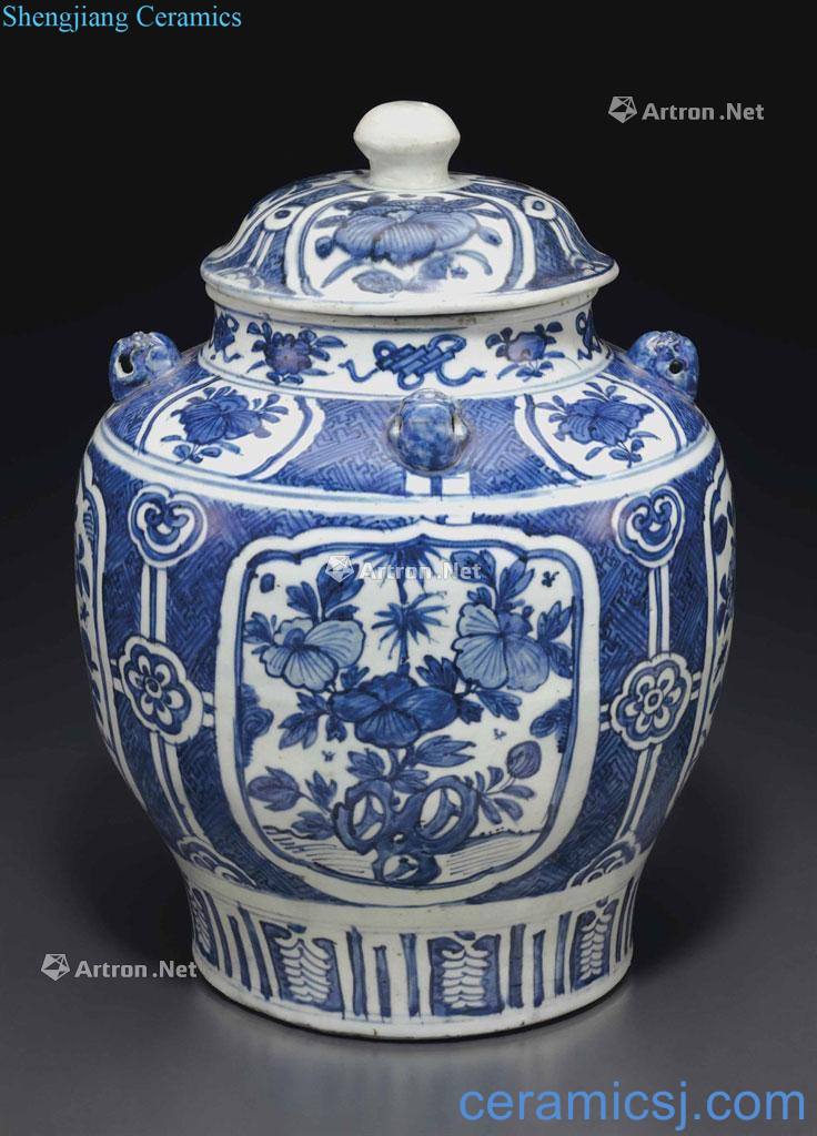 Ming wanli Blue and white brocade medallion hole stone flower grain tank and cover