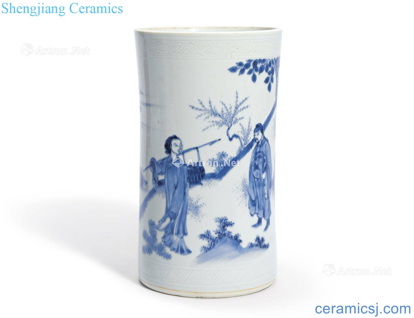 Ming chongzhen Blue and white landscape character figure pen container