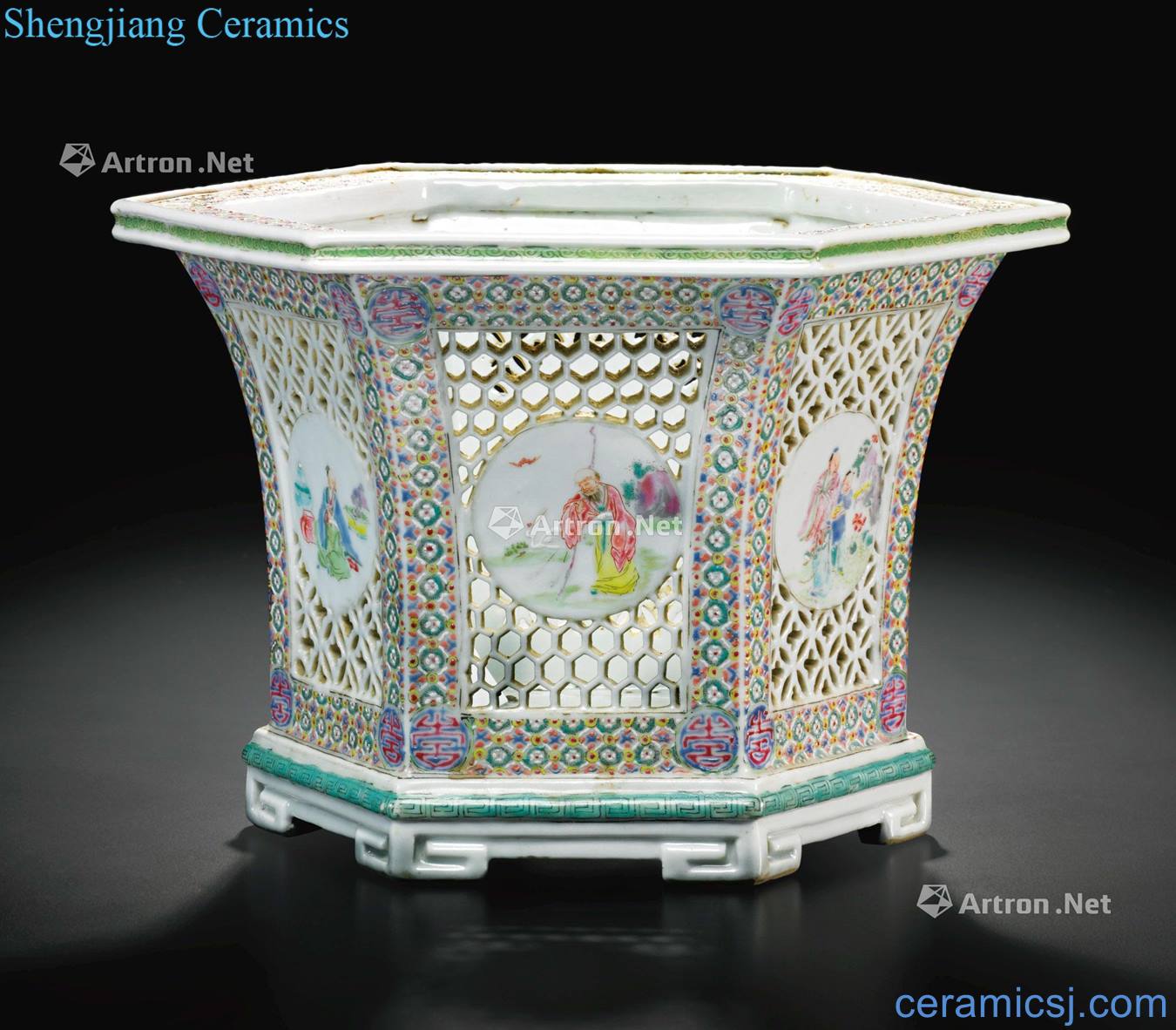 Clear pastel hollow out medallion in the 19th century Gao Shitu six-party flowerpot