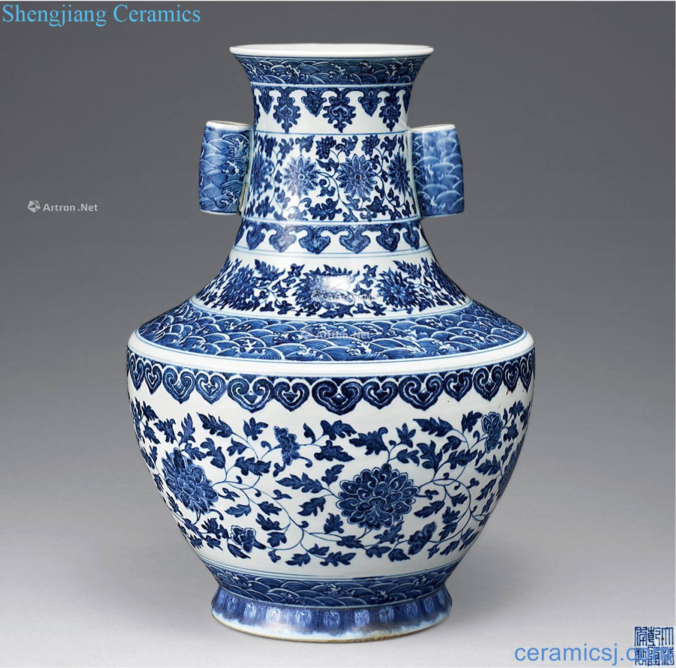 Qing qianlong Blue and white tie up branch lines penetration ears and flowers