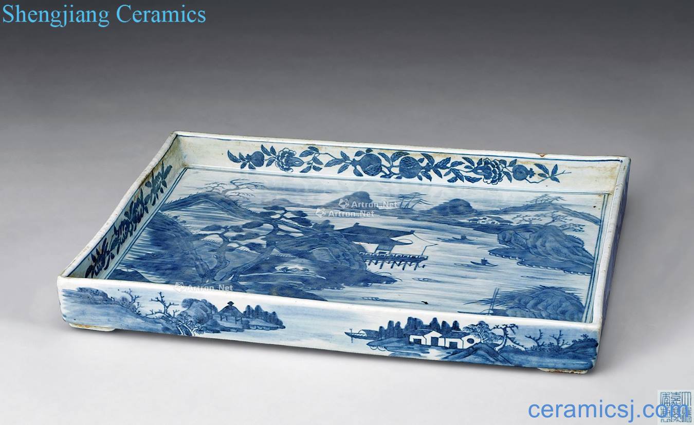 qing Blue and white landscape square basin