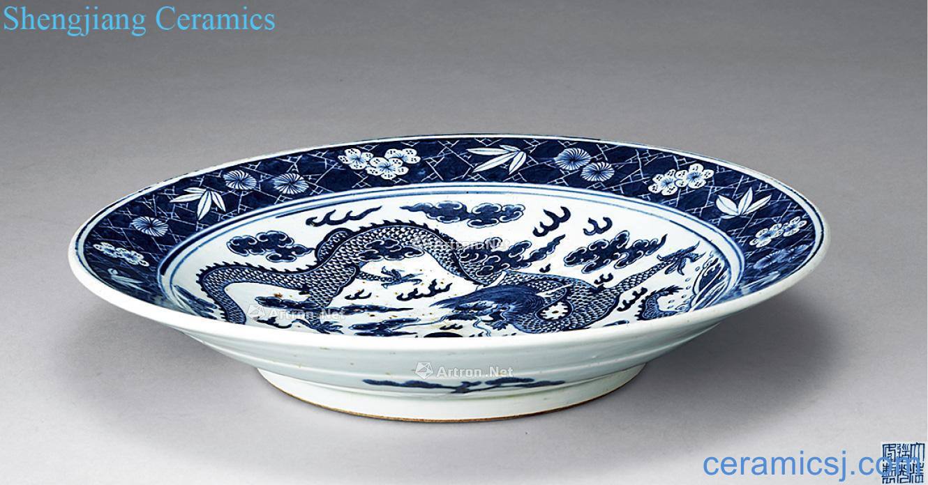 qing Blue and white dragon playing pearl tray