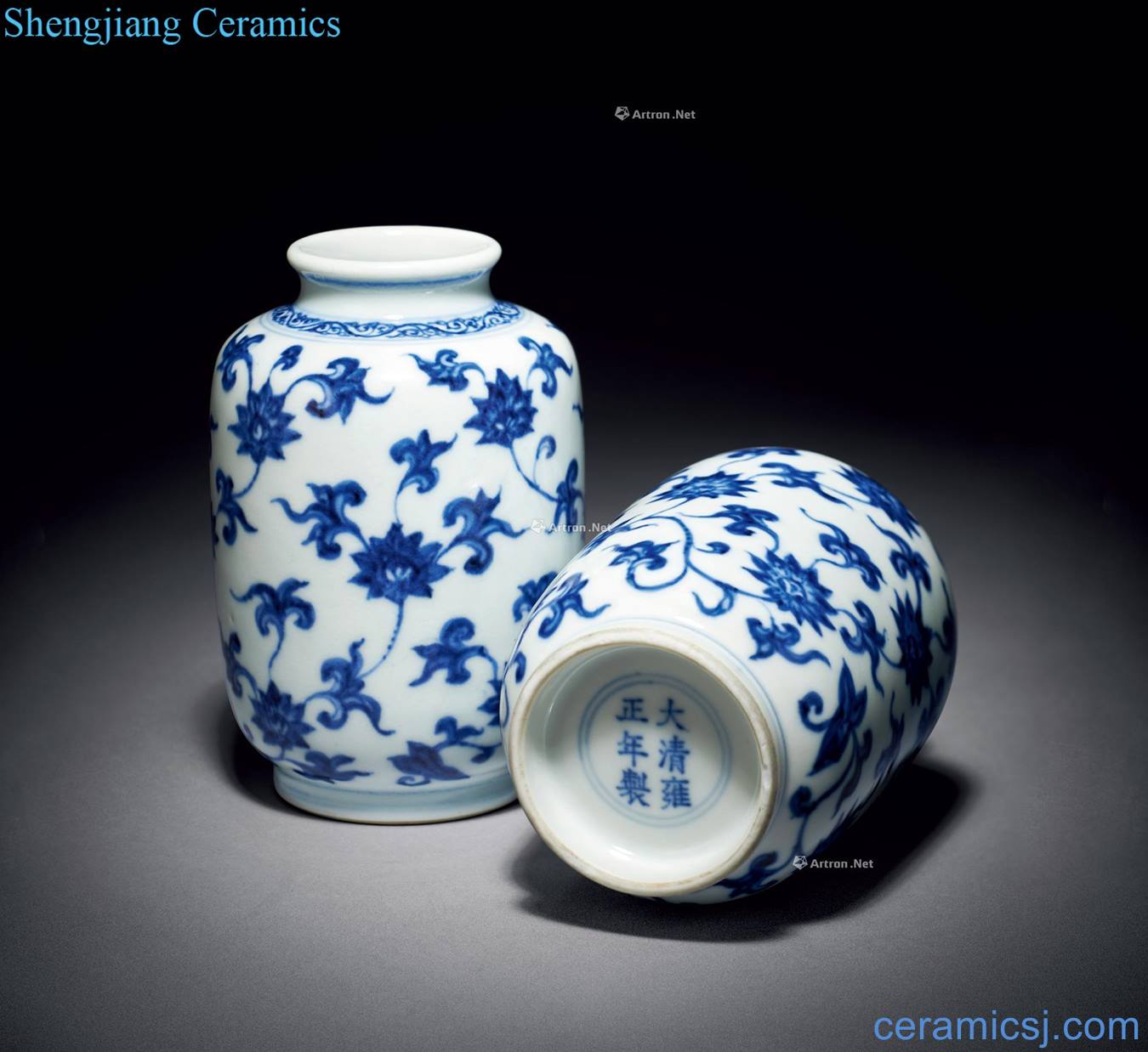 Qing yongzheng Blue and white tie up branch passionflower grain tank (a)
