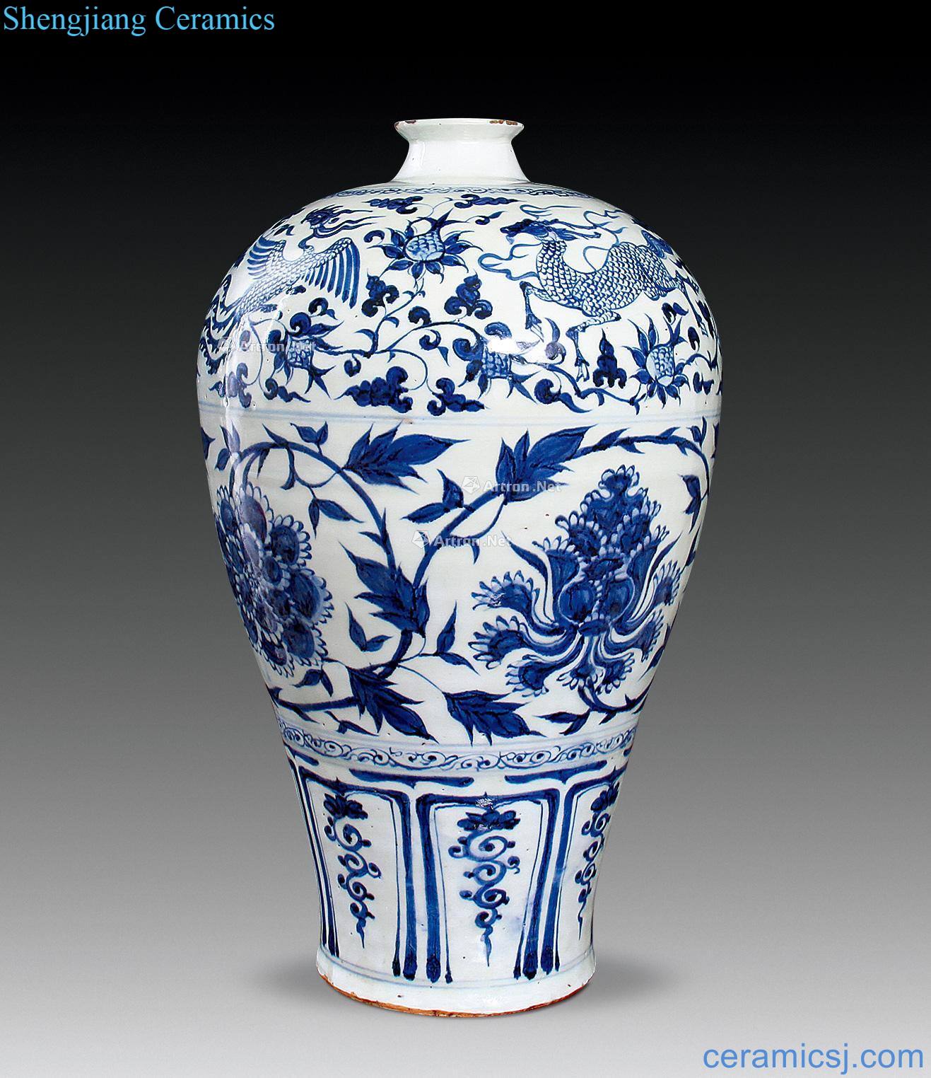 Blue and white flower wearing peony fung kirin lines around branches may bottle