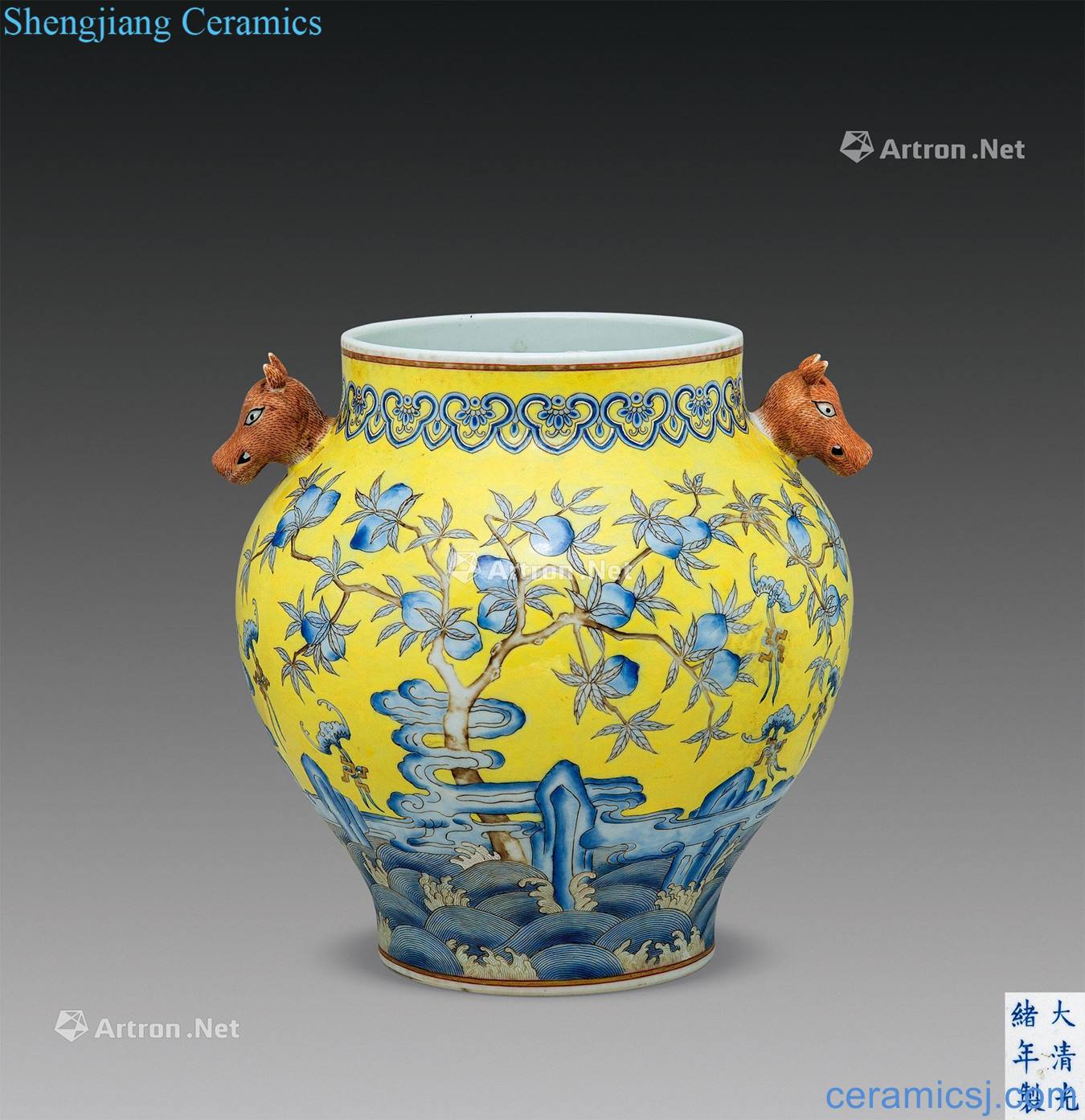 Qing guangxu Yellow to blue and white animal heads