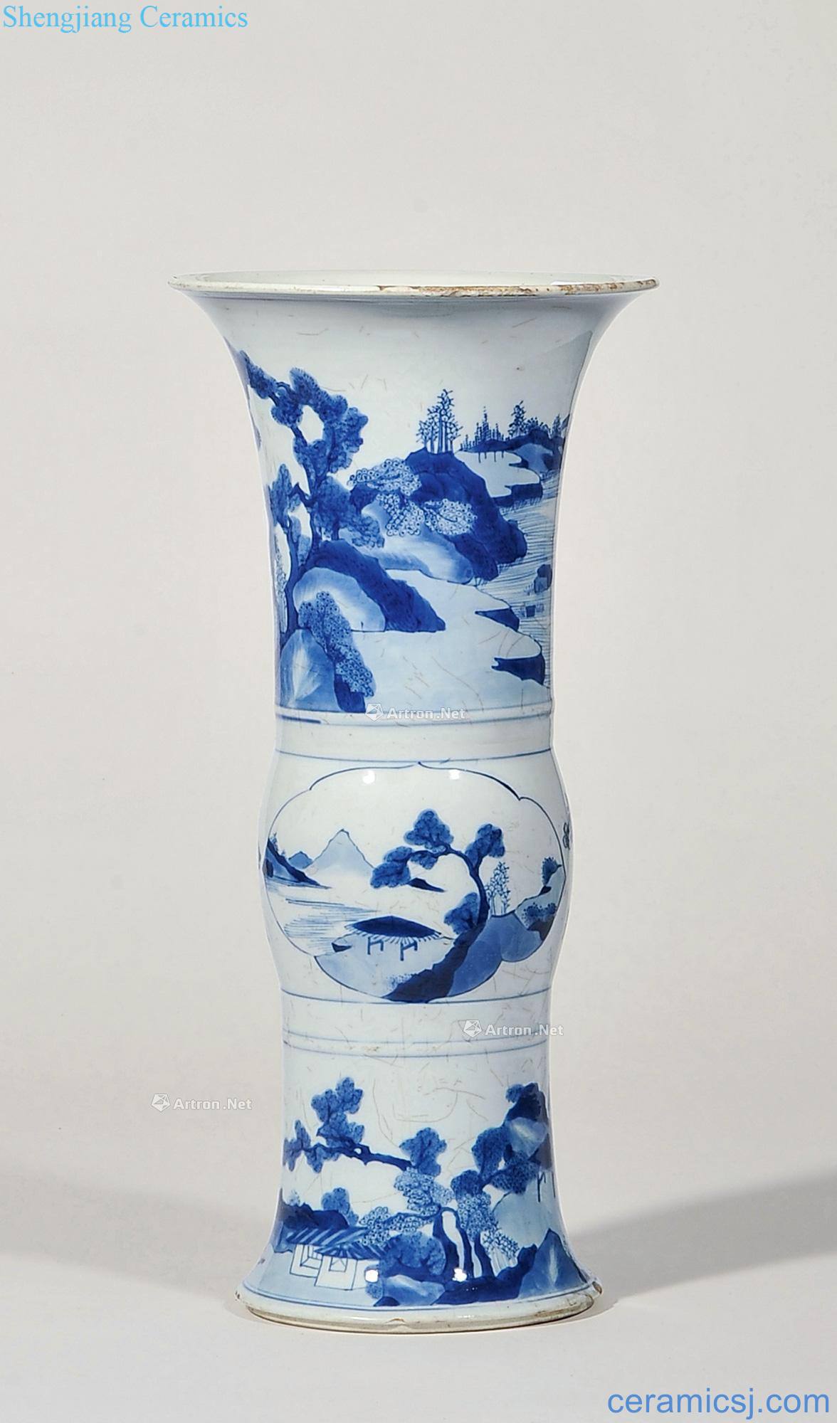 The qing emperor kangxi Blue and white landscape pattern PND tail-on bottles
