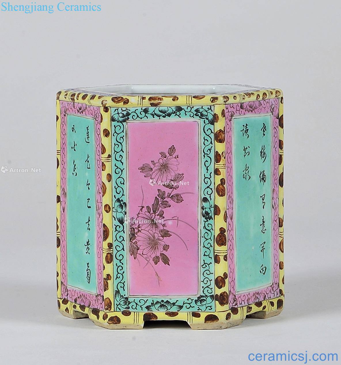 Qing yongzheng pastel six-party brush pot