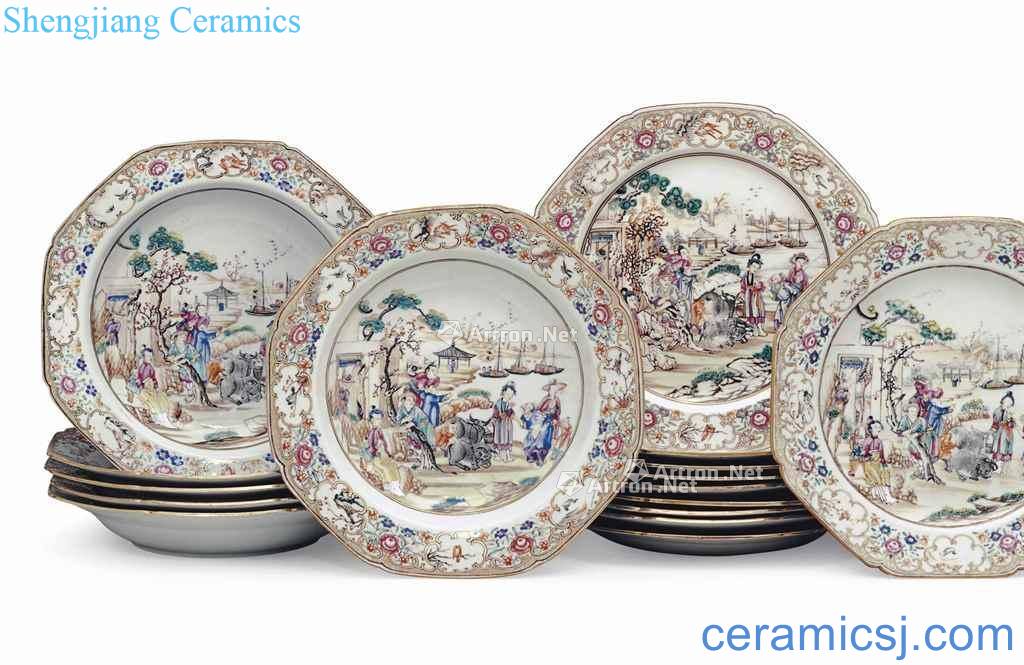 About 1780 years, A SET OF SIXTEEN 19th century OCTAGONAL FAMILLE ROSE PLATES