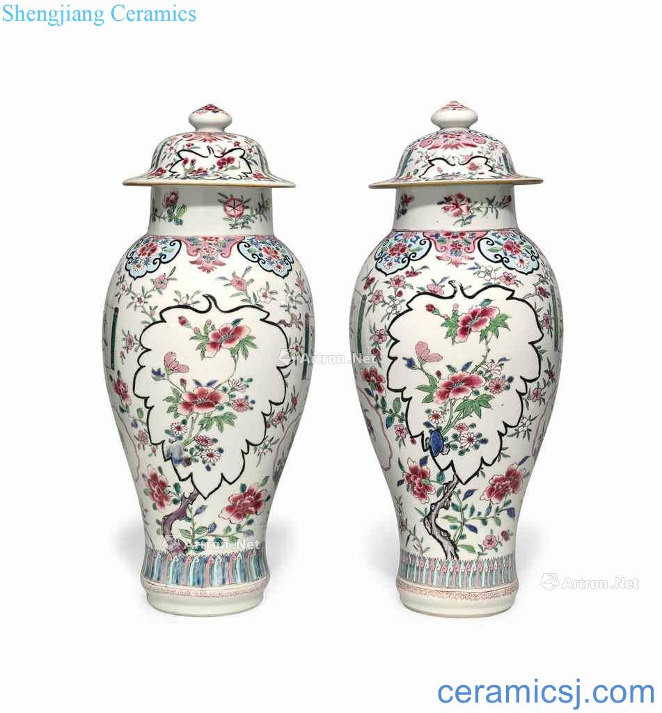 Mid 18th century A LARGE PAIR OF FAMILLE ROSE BALUSTER VASES AND COVERS
