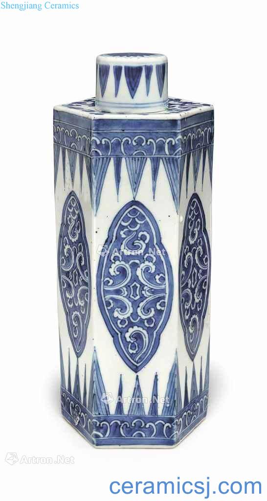 Kangxi period (1662-1722), A BLUE AND WHITE HEXAGONAL VASE AND COVER