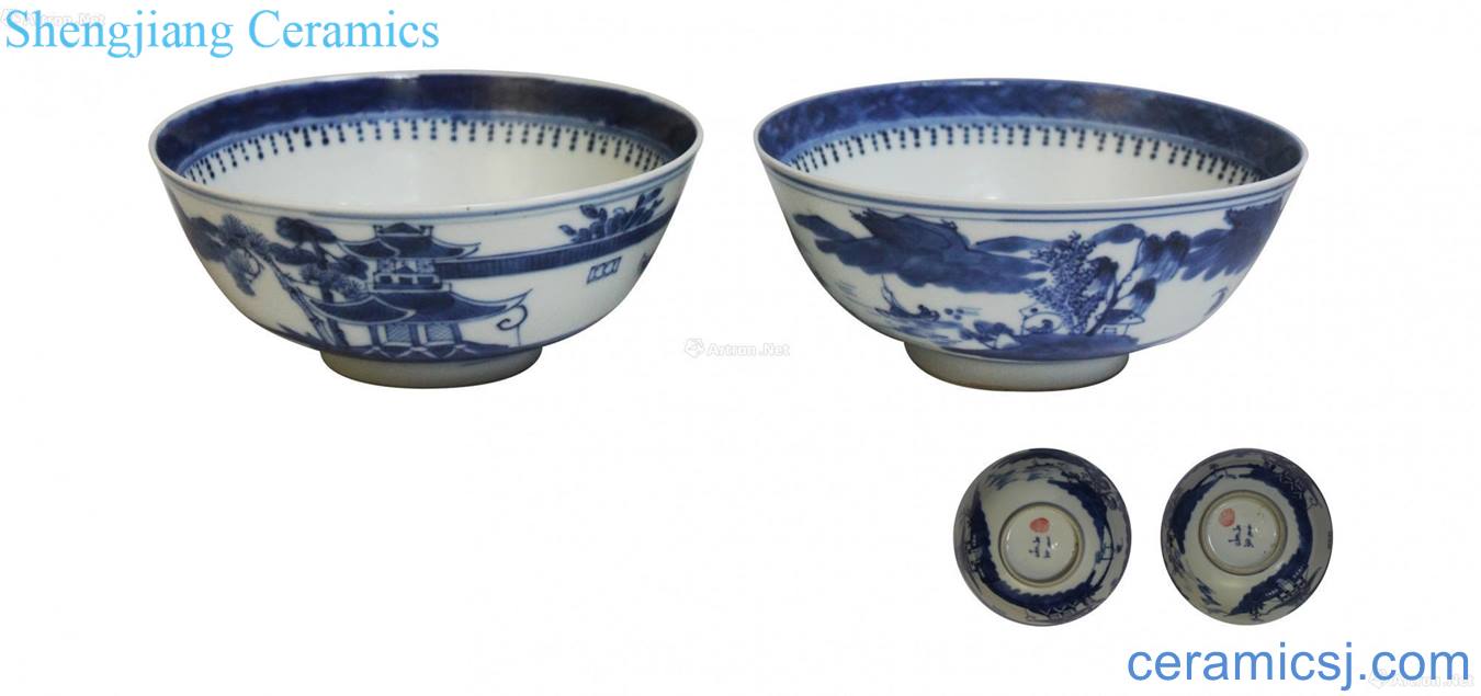 Blue and white landscape figure painting bowls