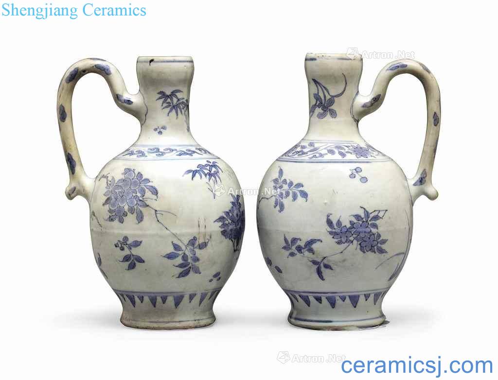 In the 17th century middle transition period TWO "HATCHER CARGO 'BLUE AND WHITE PEAR - SHAPED JUGS