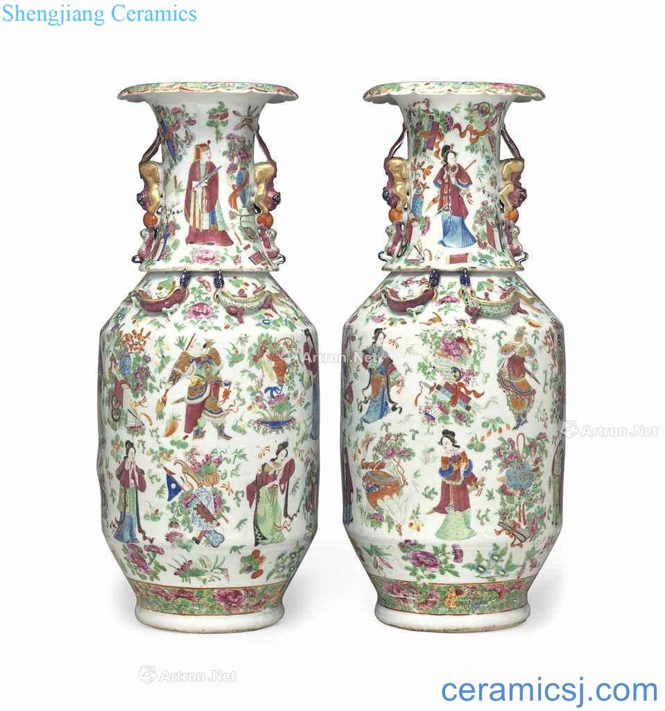 In the 19th century A LARGE PAIR OF CANTON FAMILLE ROSE VASES