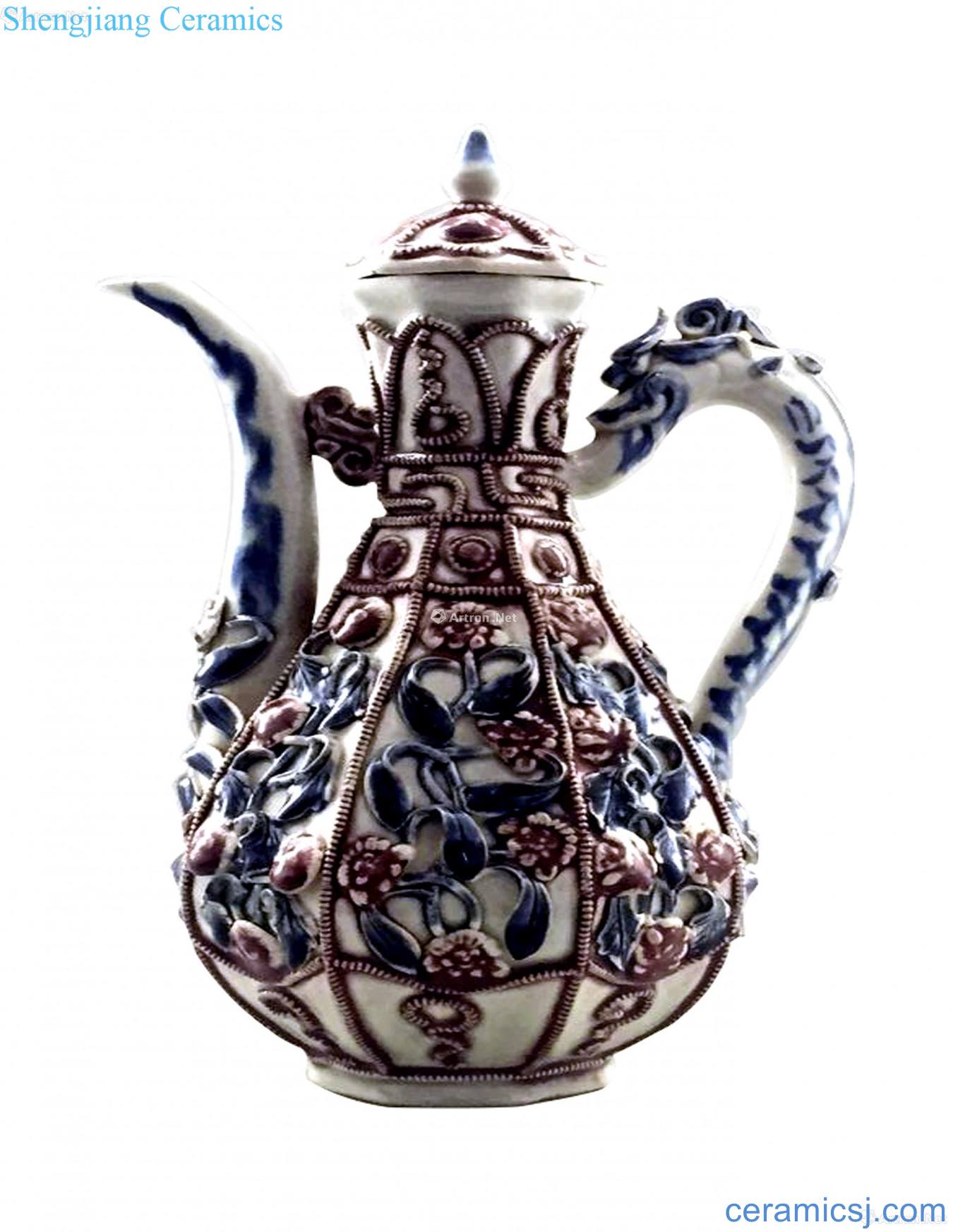 Blue and white youligong heap of plastic handle ewer dragon