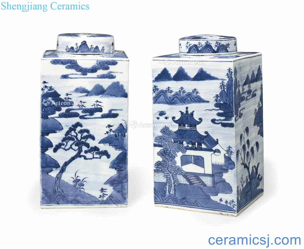 The end OF the 18th century A LARGE PAIR OF 'CANTON BLUE AND WHITE' TEA CANISTERS AND COVERS