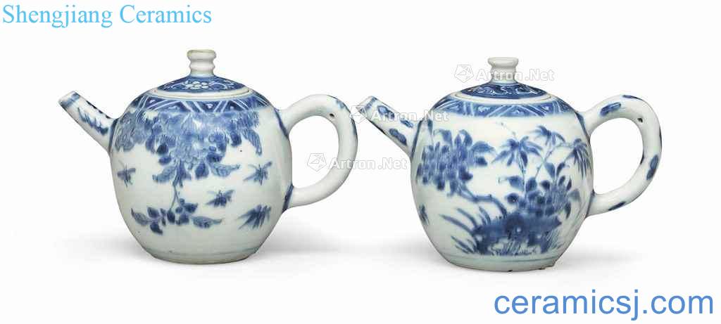 In the 17th century middle period of transition TWO SMALL 'HATCHER CARGO' BLUE AND WHITE TEAPOTS AND COVERS