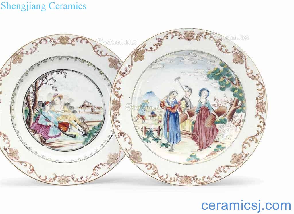 Mid 18th century TWO FAMILLE ROSE EUROPEAN SUBJECT PLATES