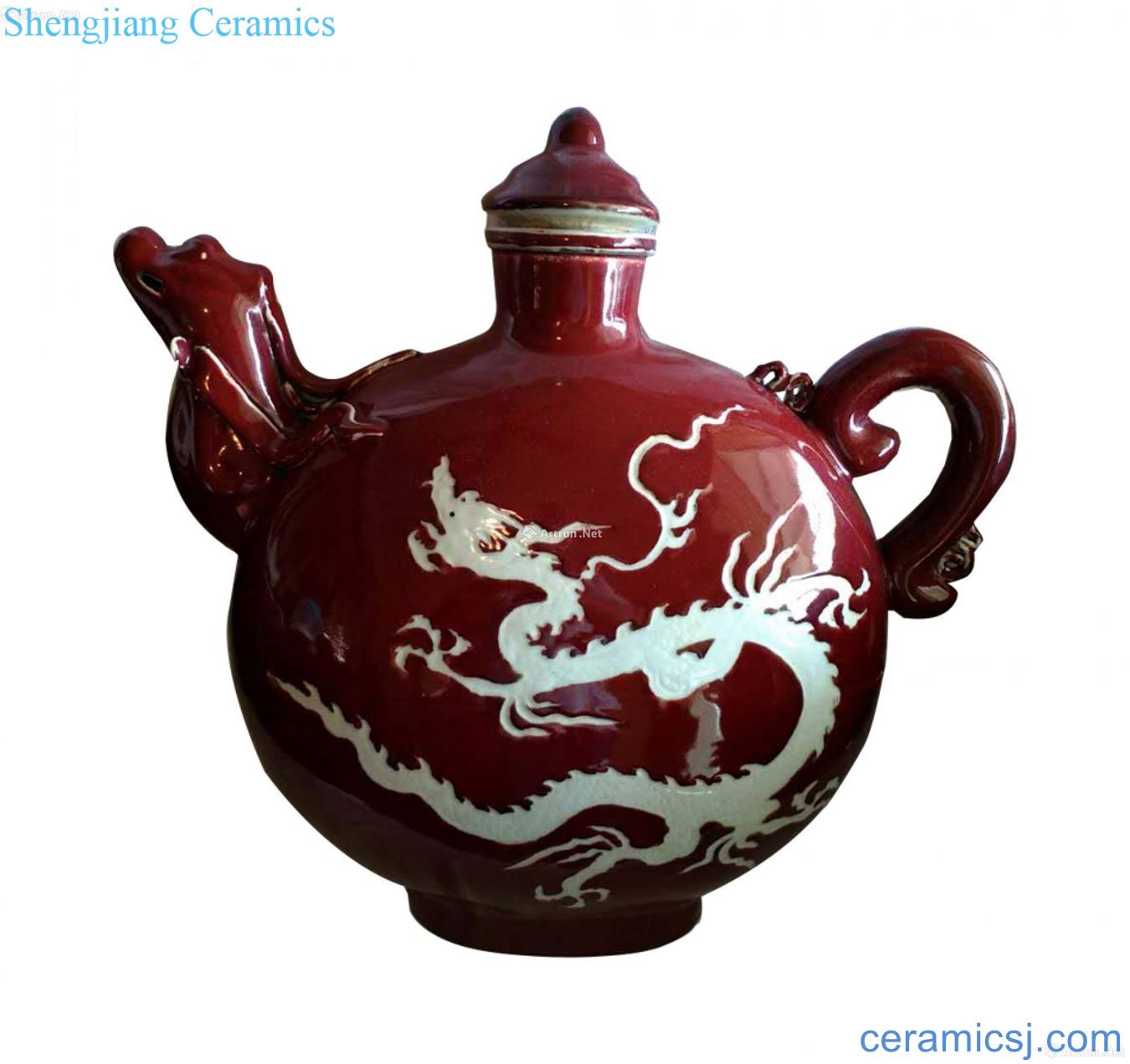 Dark red glaze carved white dragon grain Long Liu flat pot