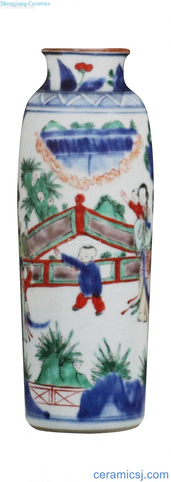 Blue and white lines cylinder bottle colorful characters