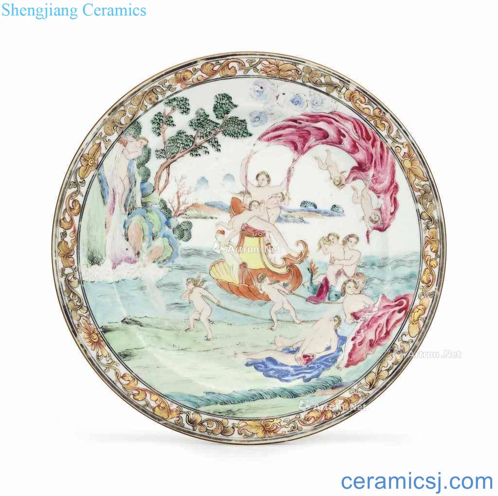 About 1740 years A FAMILLE ROSE 'FOUR ELEMENTS PLATE' : 'WATER'