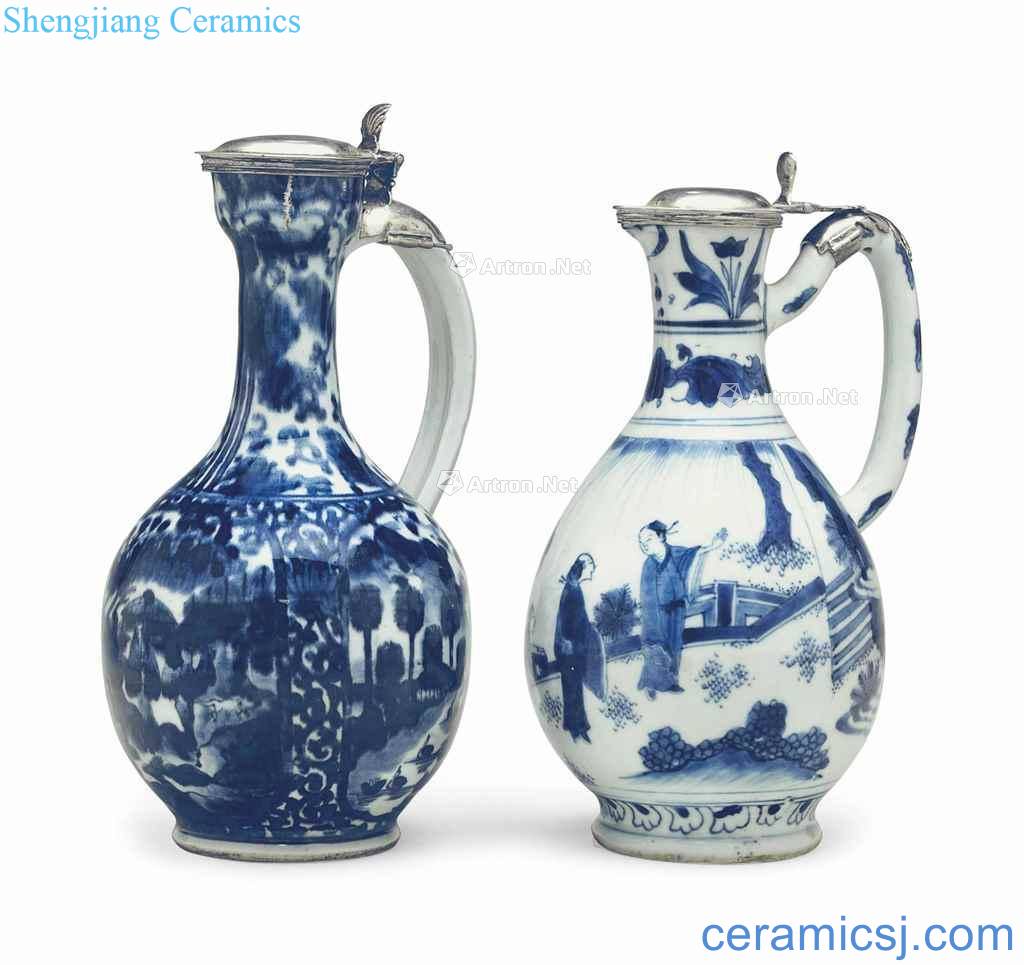 In the 17th century, in the middle of the 17th century TWO SILVER - MOUNTED BLUE AND WHITE JUGS