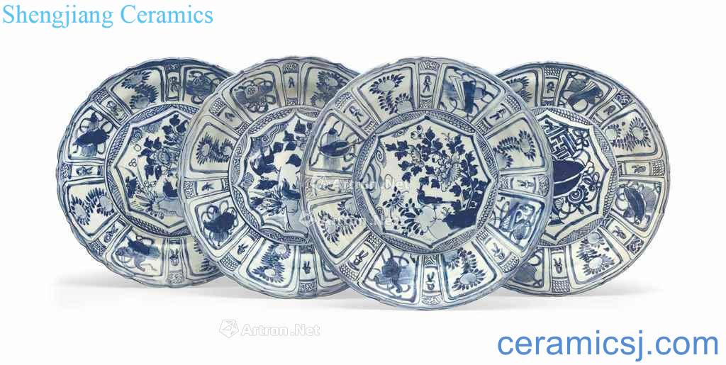 In the 17th century middle transition FOUR LARGE 'HATCHER CARGO' BLUE AND WHITE DISHES