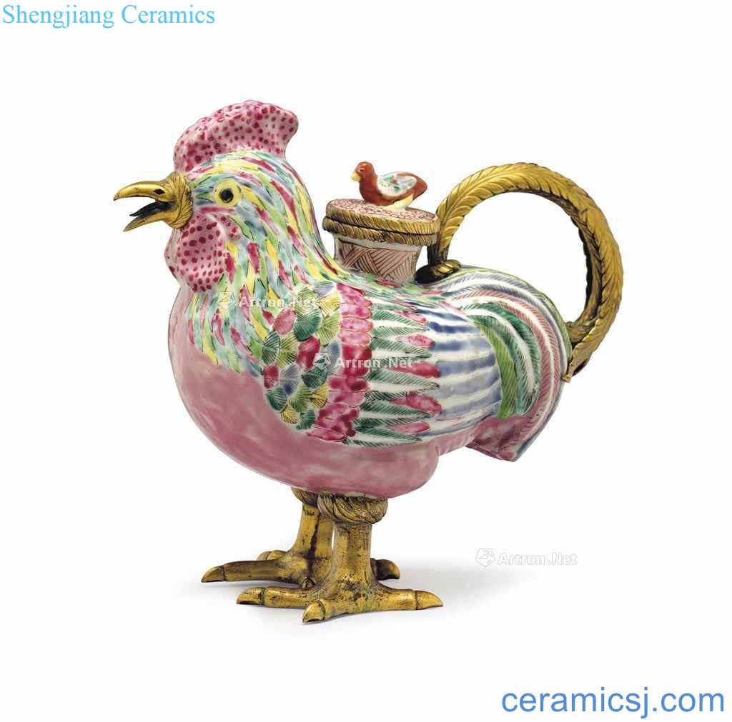 The qianlong period (1736-1795), the AN ORMOLU MOUNTED - FAMILLE ROSE ROOSTER WINE POT AND COVER