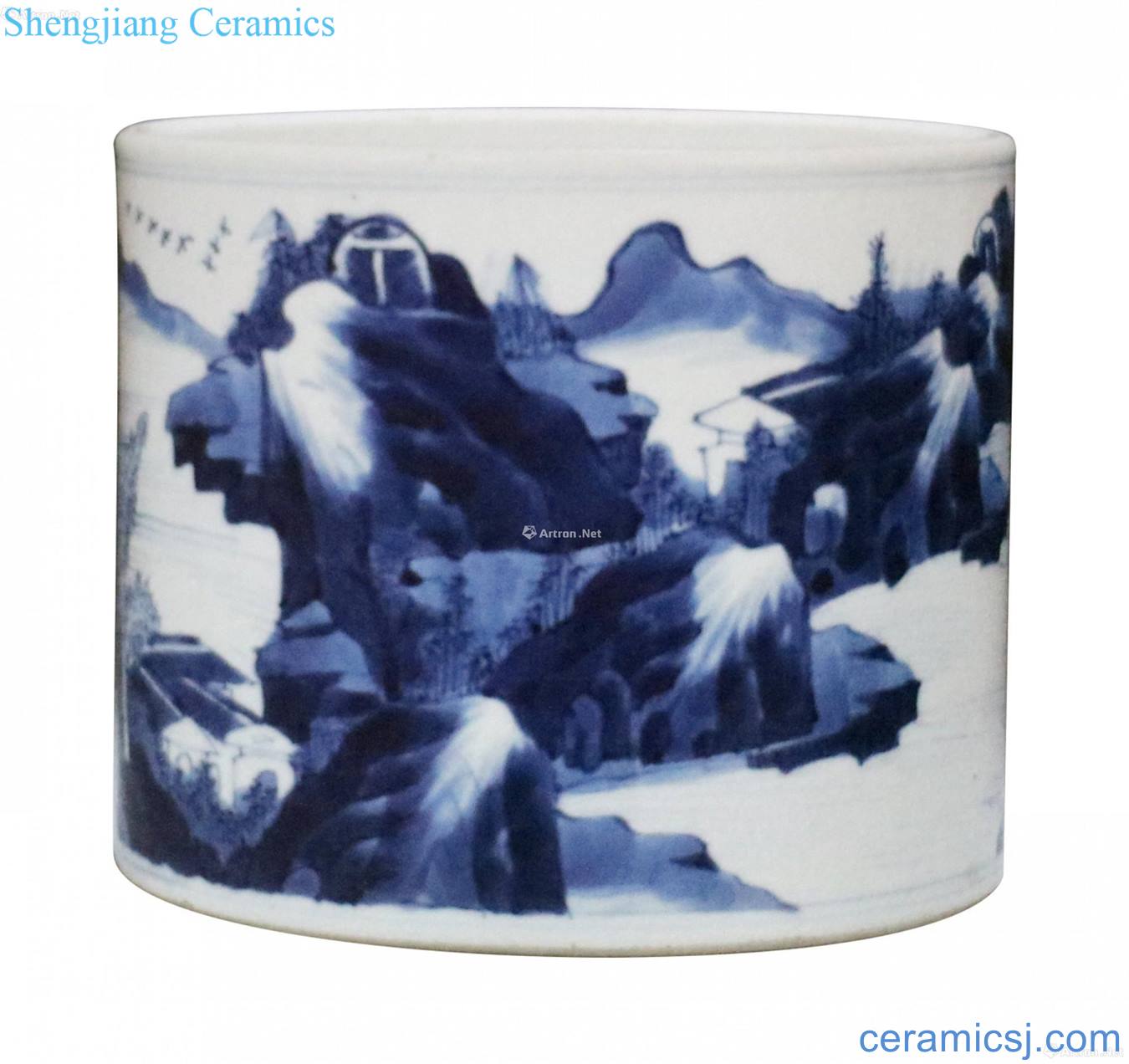Blue and white landscape pen container