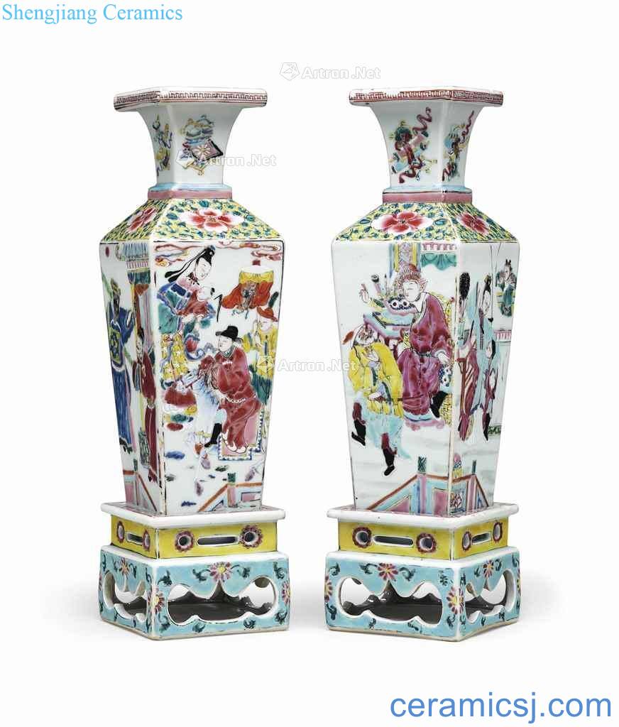 About 1745-1750 - A PAIR OF FAMILLE ROSE VASES ON the STANDS