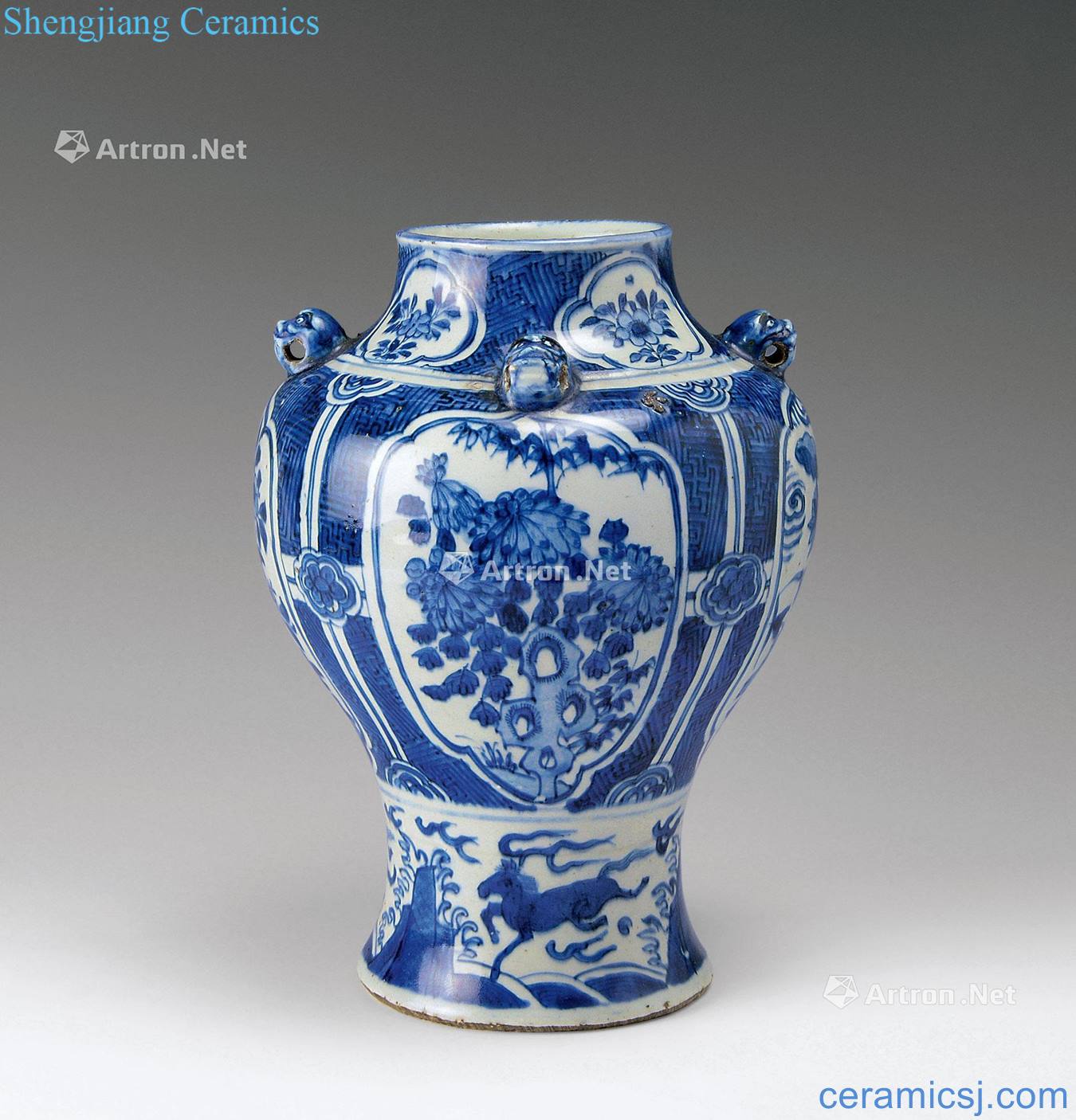 In the Ming dynasty Blue and white flower grain four beast ear mei bottles
