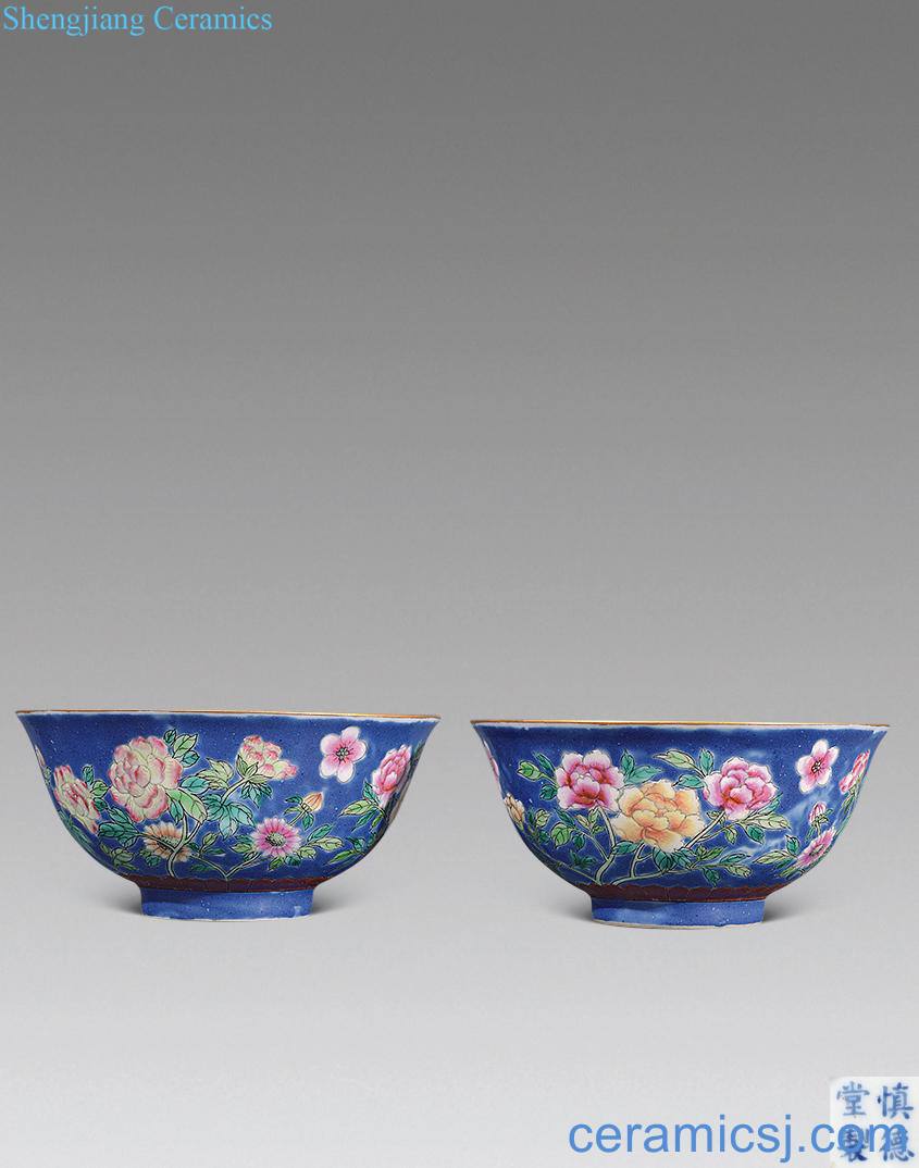 Late qing dynasty blue material pastel flowers green-splashed bowls (a)