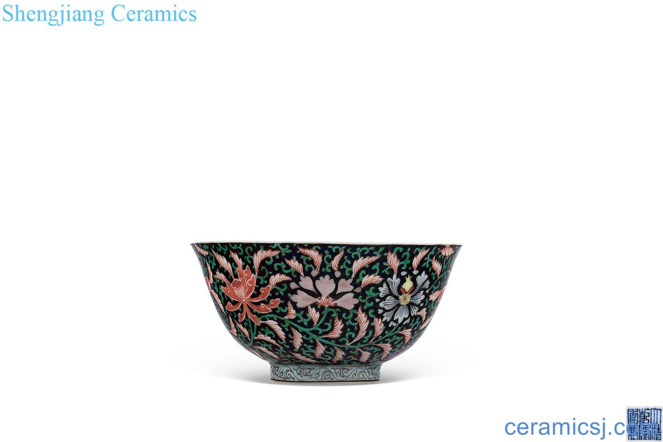 Qing qianlong ink pastel flowers green-splashed bowls