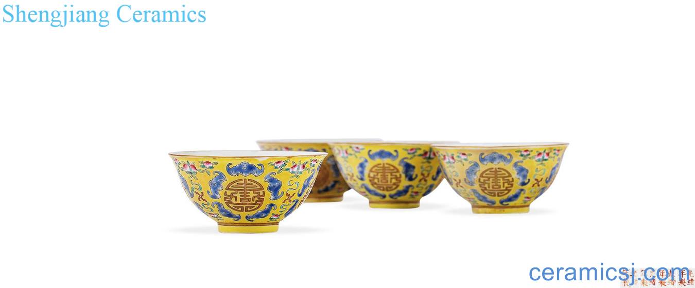 Qing guangxu Yellow in pastel wufu hold shou wen bowl (a group of four pieces)