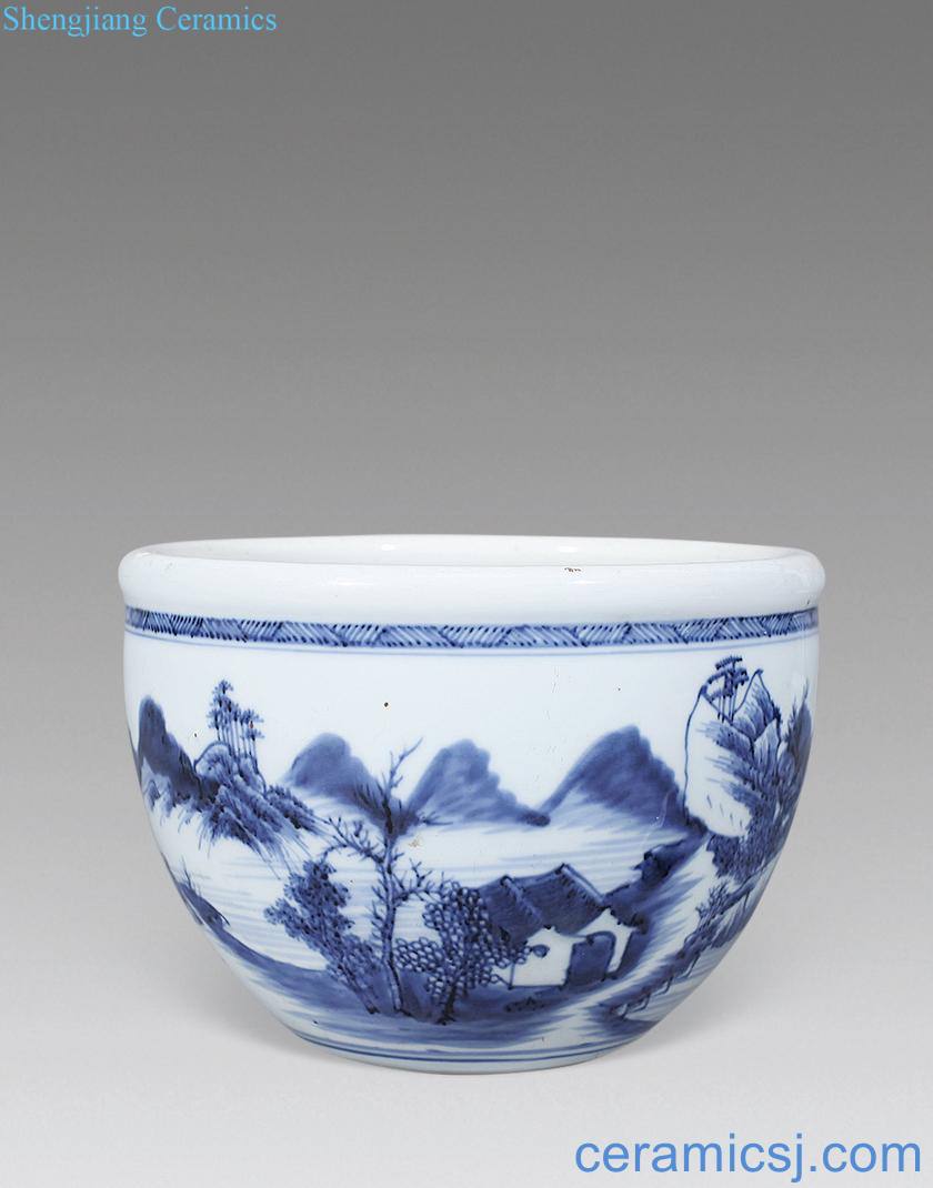 Qing yongzheng Blue and white landscape small cylinder