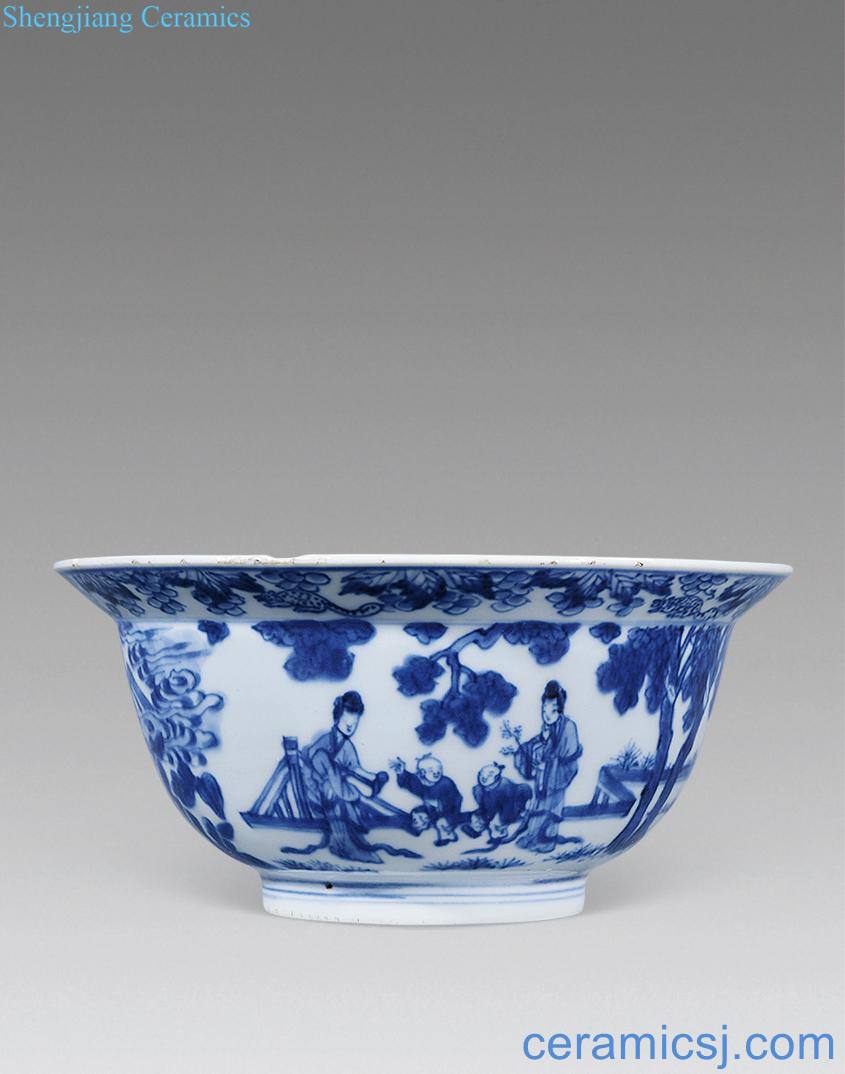 The qing emperor kangxi Blue and white ladies figure baby play bowls