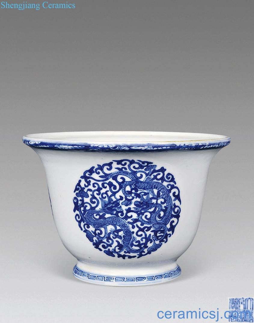 Qing guangxu Blue and white dragon flower pot