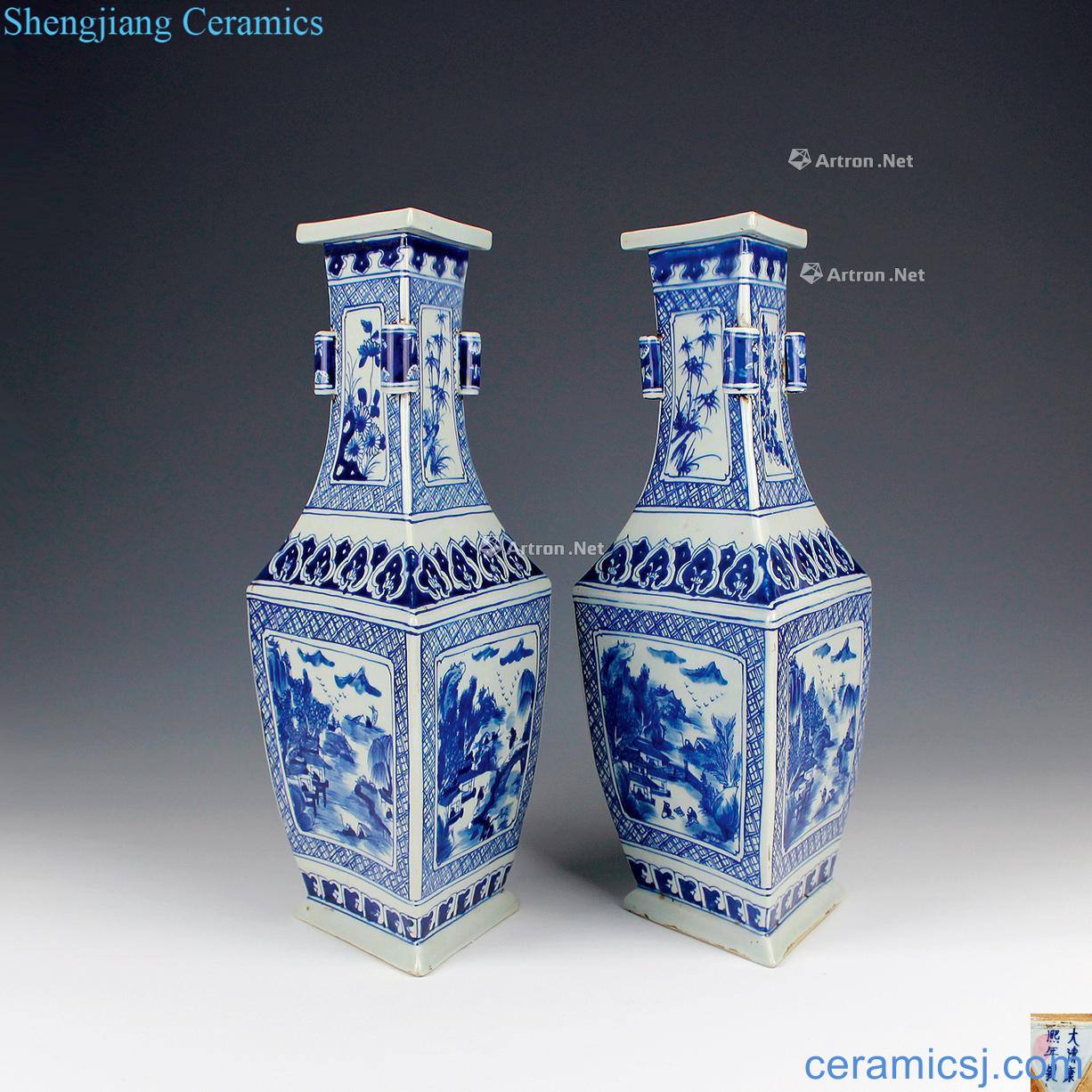 kangxi Blue and white triangular three-line window landscape character bottle (a)