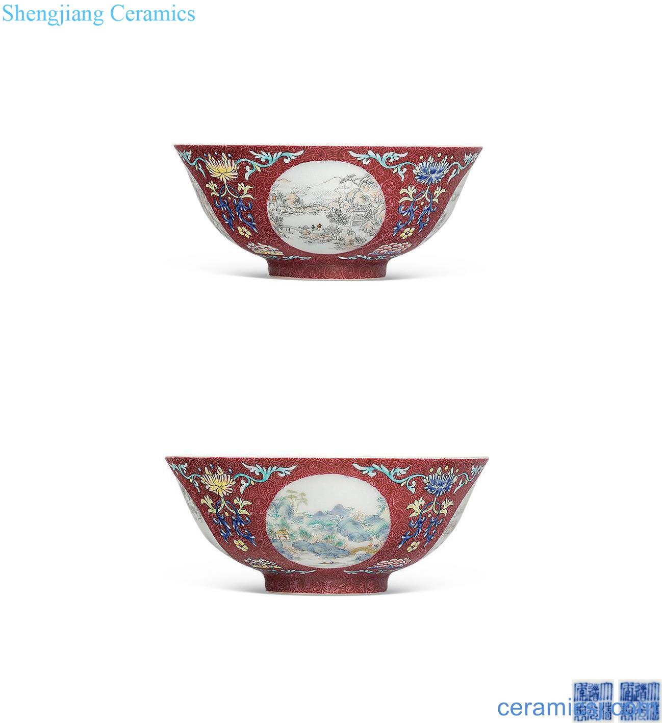 Qing daoguang Carmine pastel mill medallion landscape bowl (a)