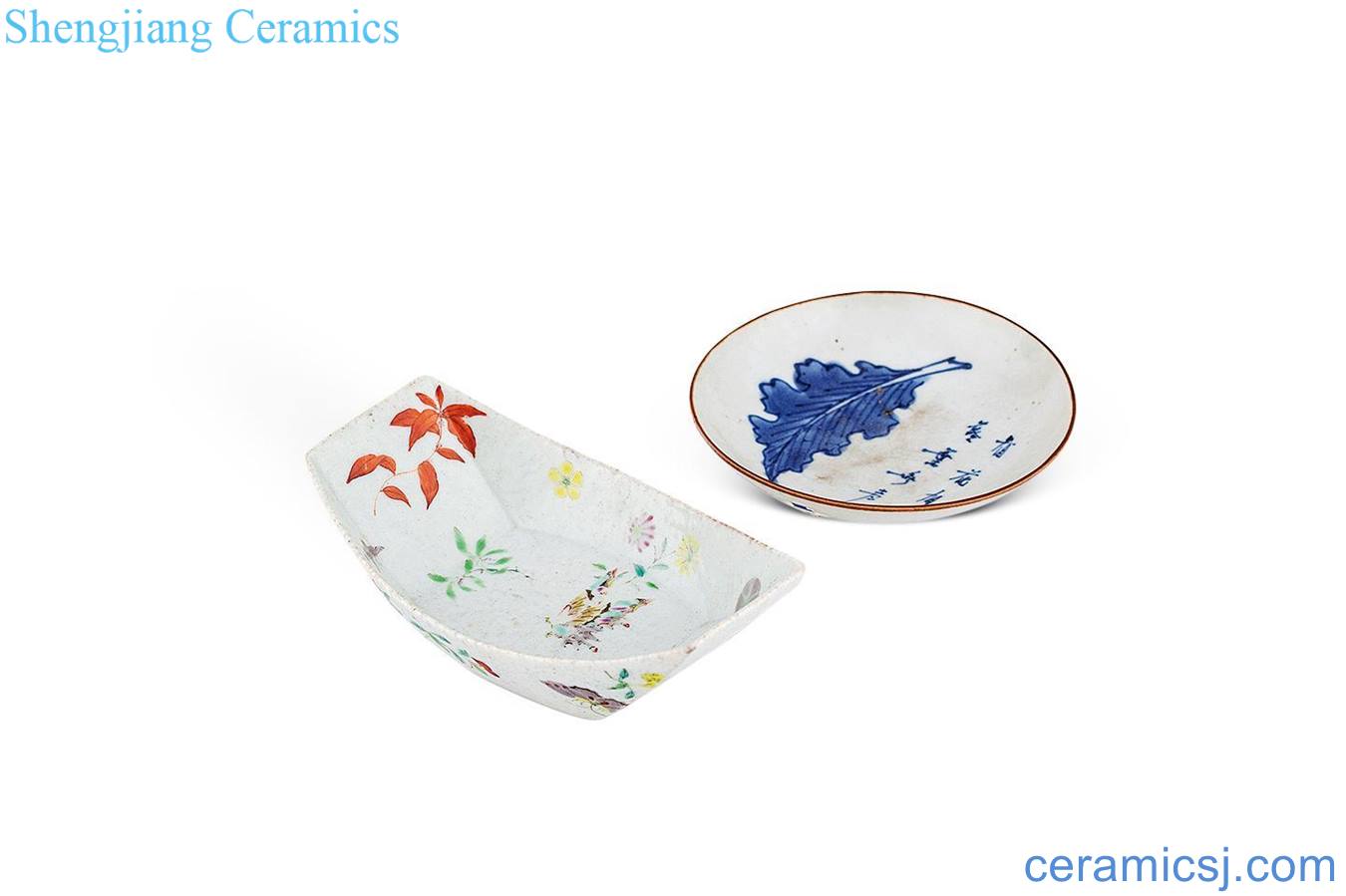 Qing early/late Blue and white autumn the disc Pastel flower butterfly tattoo tea boat