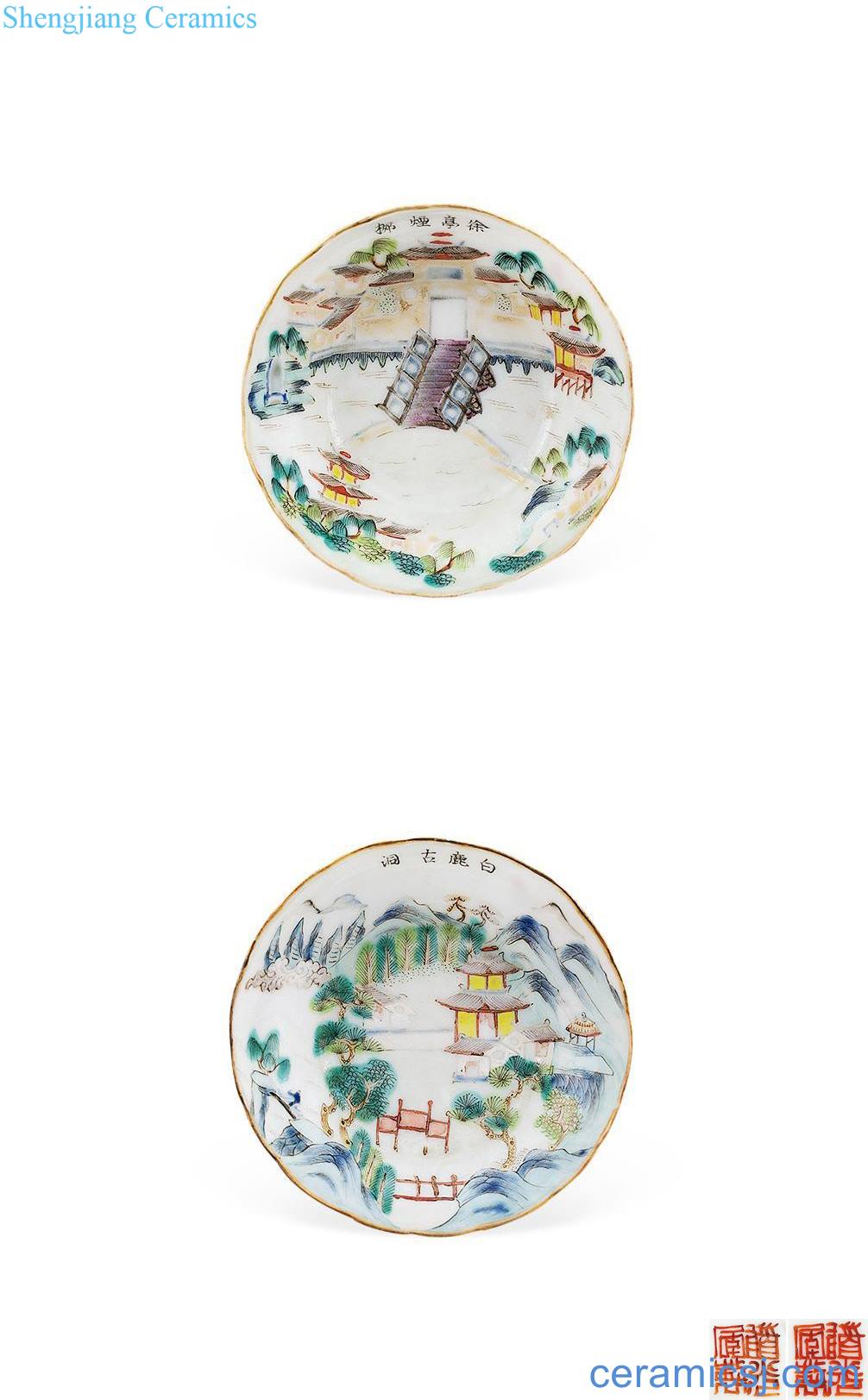 Clear light pastel jiangxi ten scene "white deer ancient hole", "Xu Ting YanLiu" flower mouth tray (a)