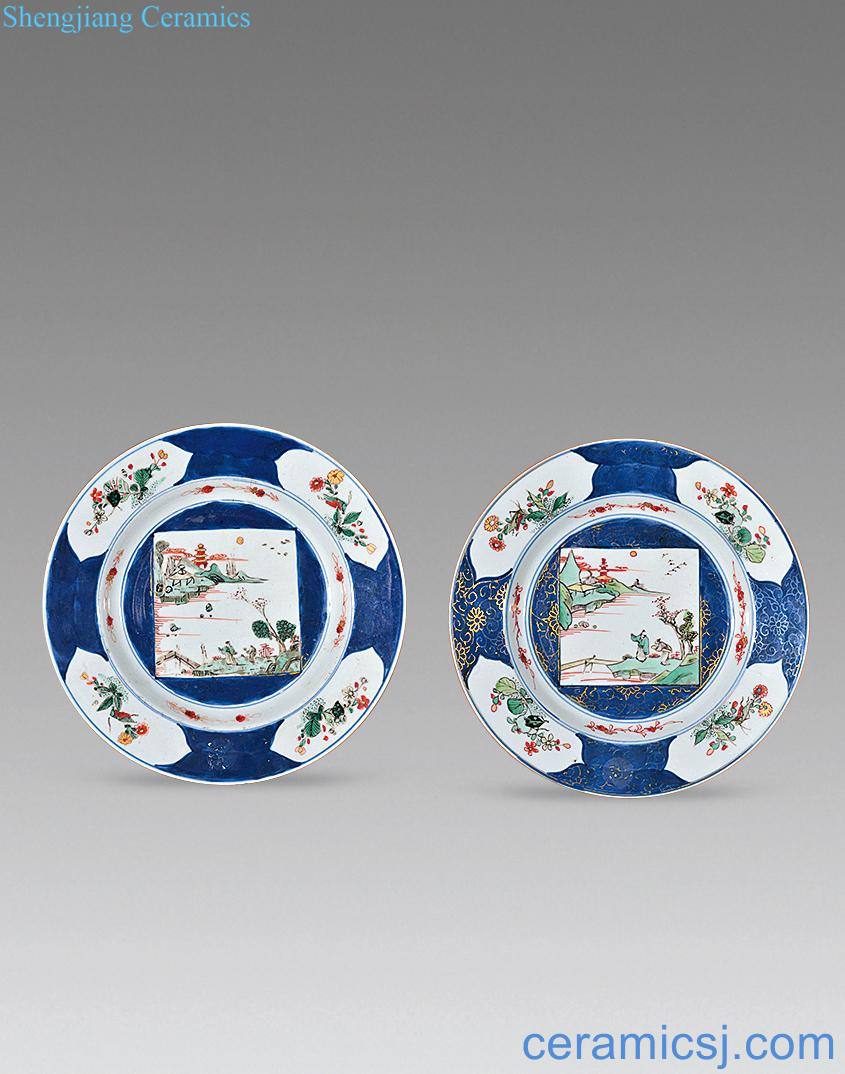 The qing emperor kangxi Blue and white color with medallion landscape character set (a)