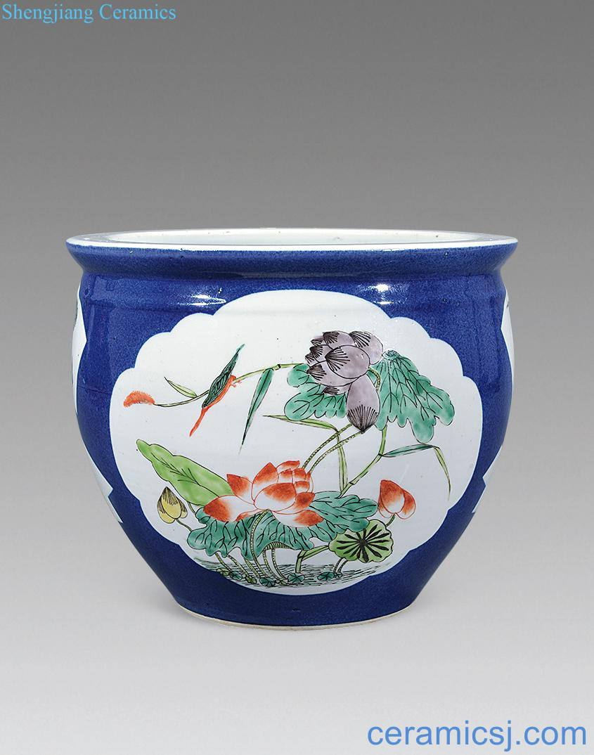 In late qing dynasty With blue medallion colorful flowers and birds beings cylinder