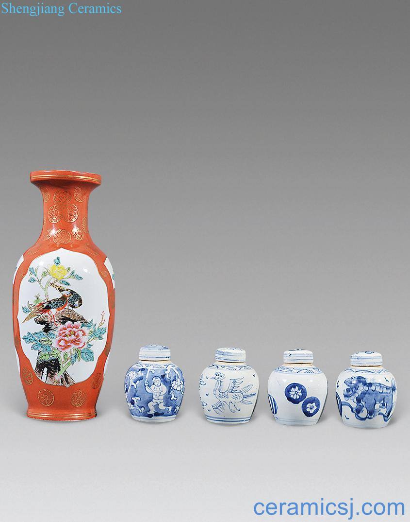 Qing porcelain pot four pieces, pastel xi mei tip on the bottle (a total of five pieces)