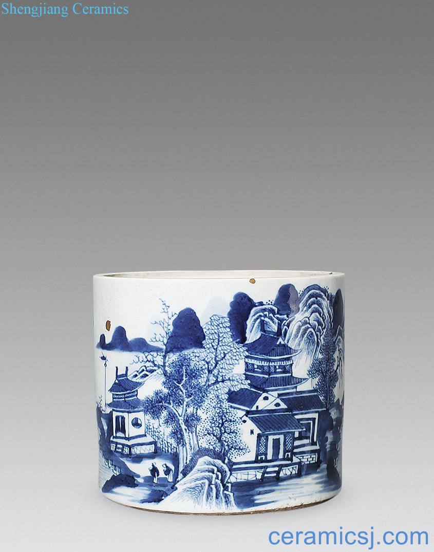 qing Blue and white landscape character brush pot