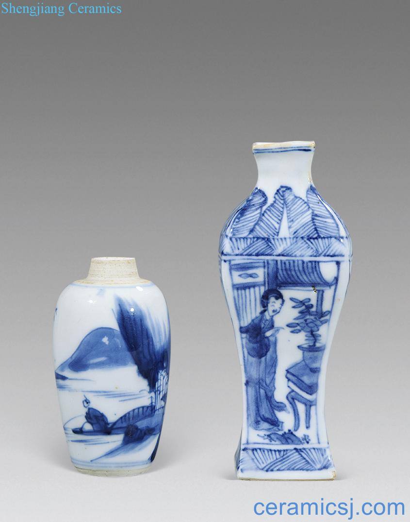 The qing emperor kangxi Blue and white four beautiful statue square bottle, landscape character radish (two)
