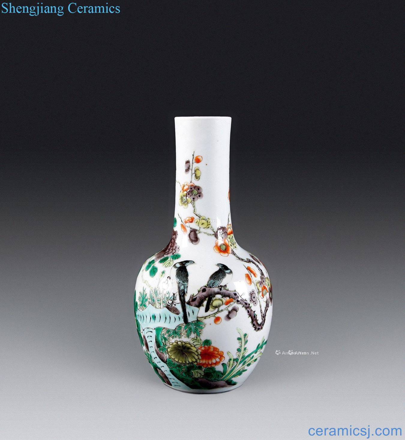 Qing guangxu Colorful flowers and birds straight flask
